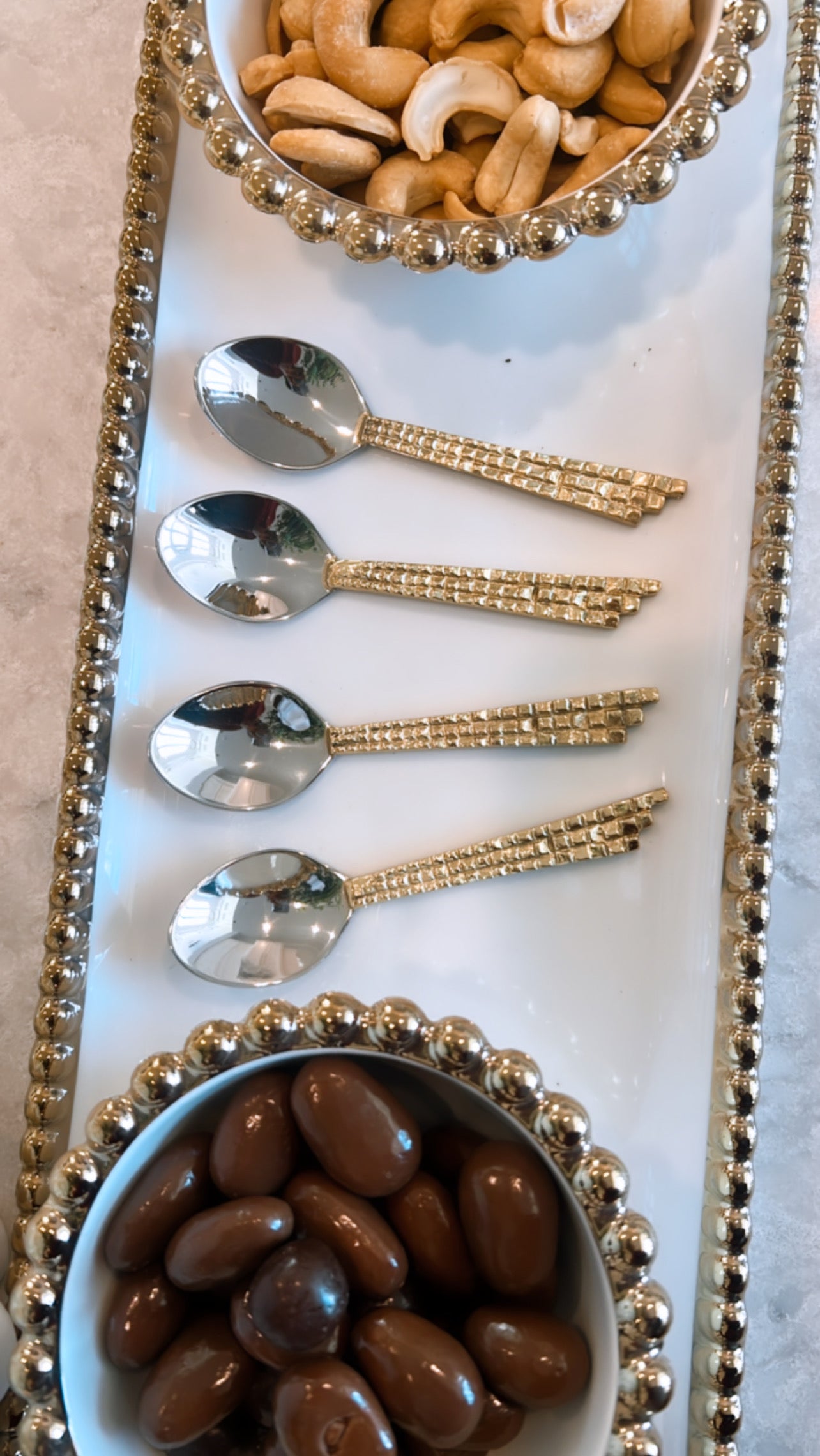 Gold Beaded Edge Serving Tray with 3 Beaded Snack Bowls