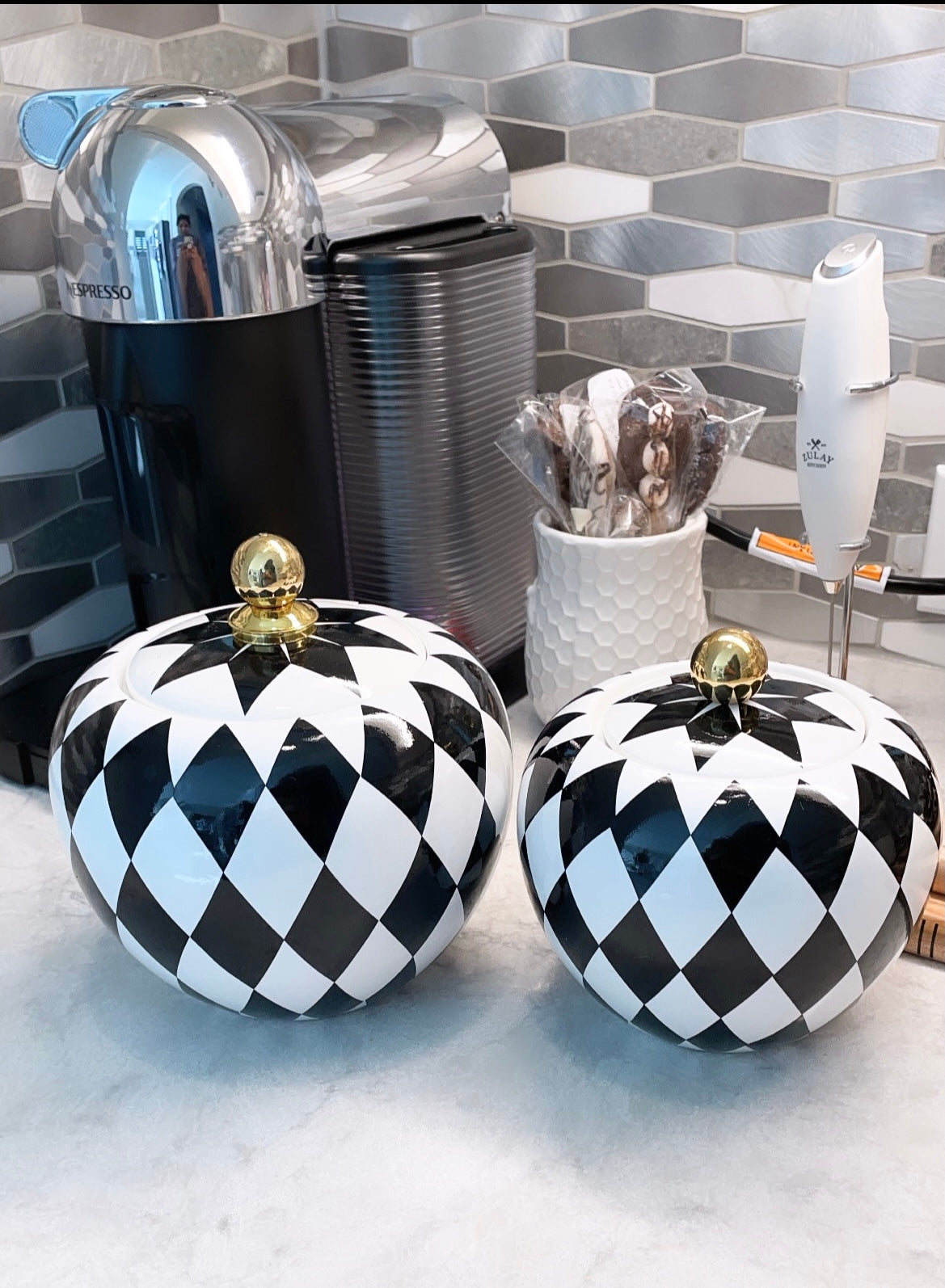 Set of 2 Black & White Checkered Jars