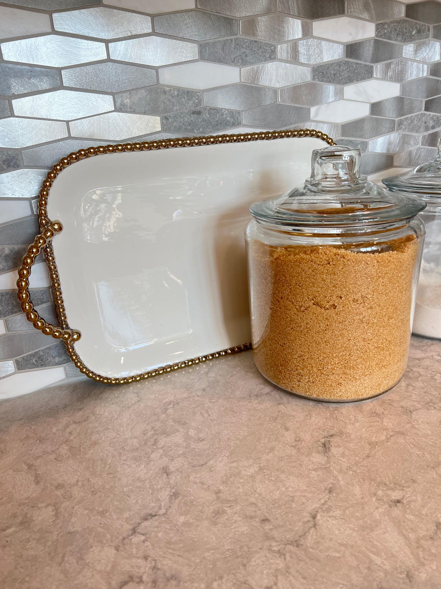Gold and White Beaded Tray w/ Beaded Handles