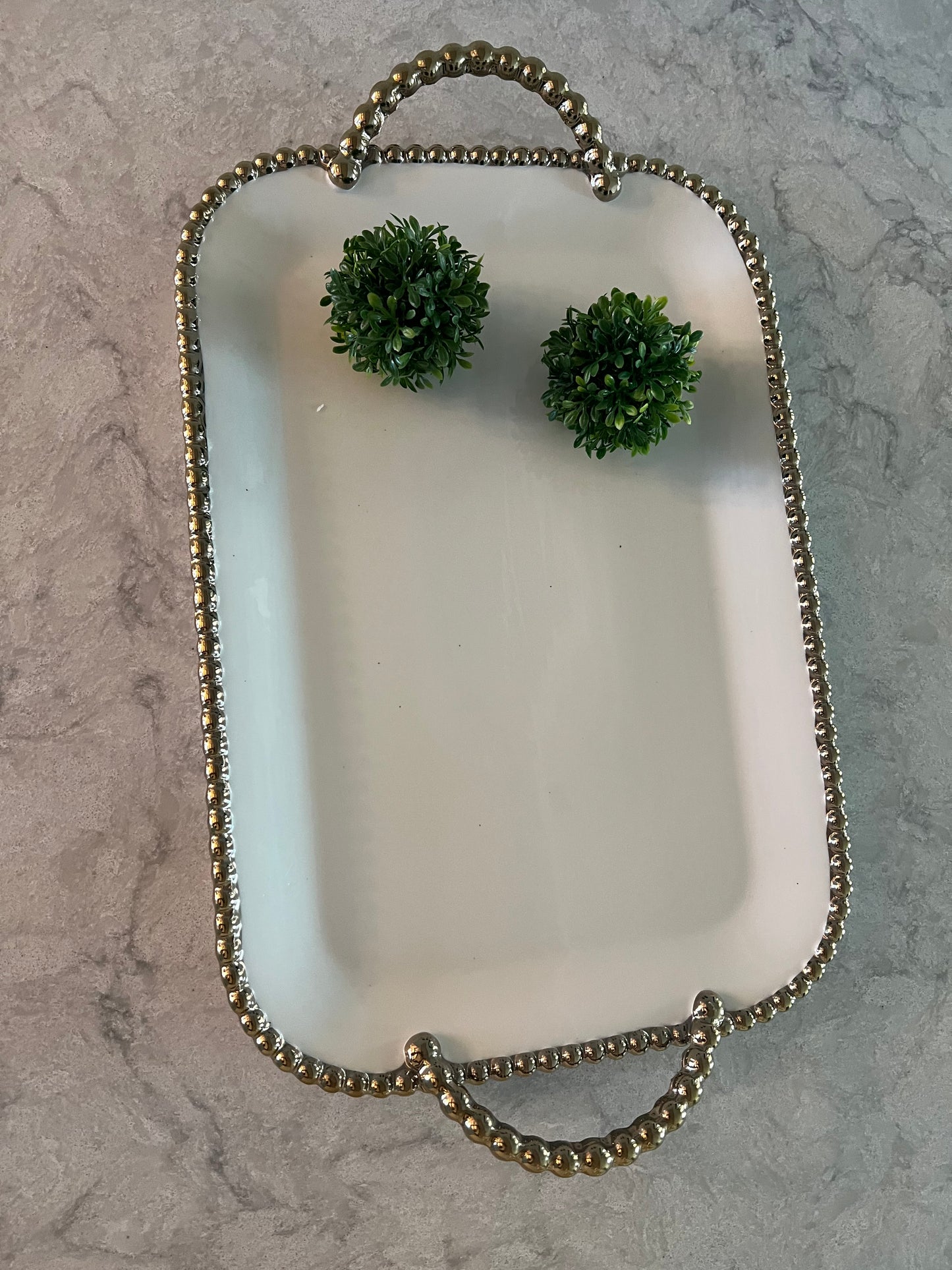 Gold and White Beaded Tray w/ Beaded Handles