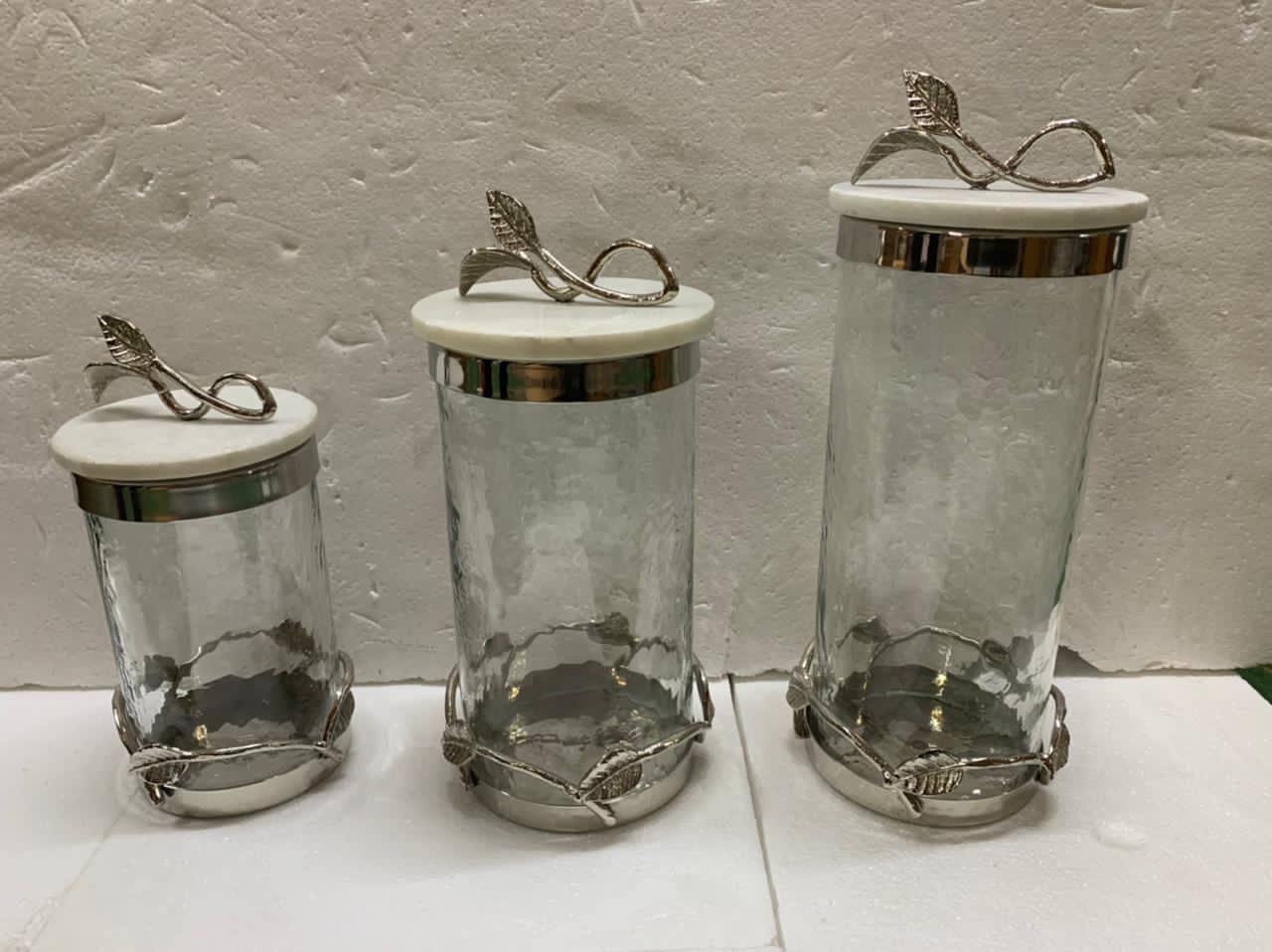 Marble and Silver Metal Leaf Branch Canisters- With metal rim (3 Sizes)