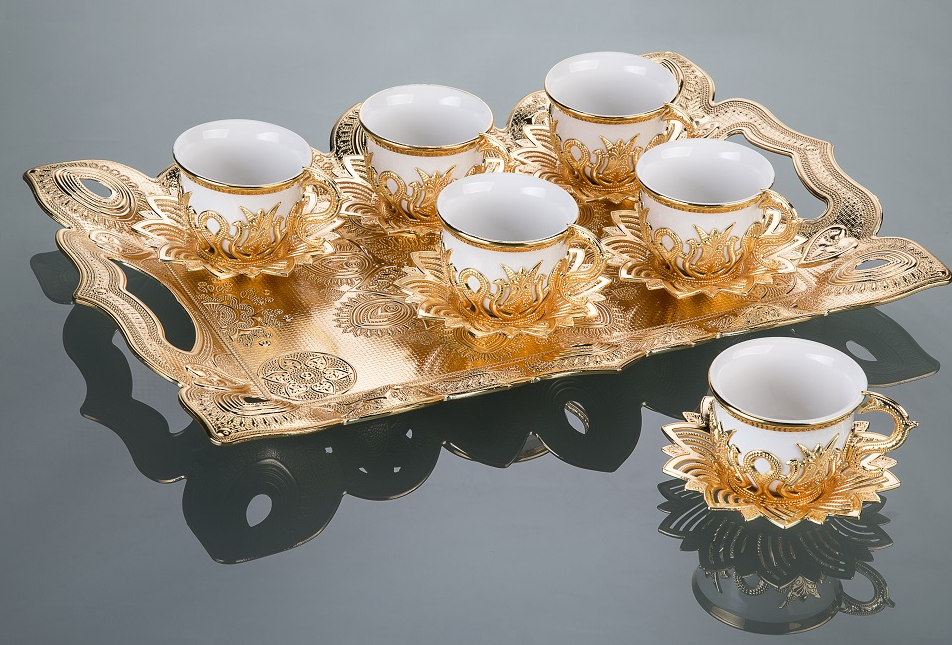 Six Tulip Teacups Set with coasters and Tray GOLD