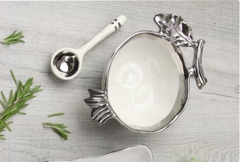 White Bowl with Silver Leaf Rim and Spoon