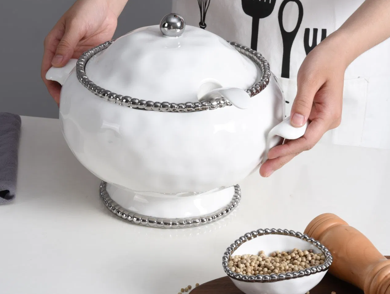 Silver and White Beaded Soup Tureen with Ladle