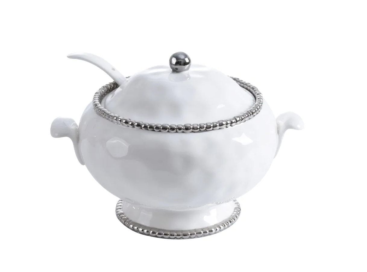 Silver and White Beaded Soup Tureen with Ladle