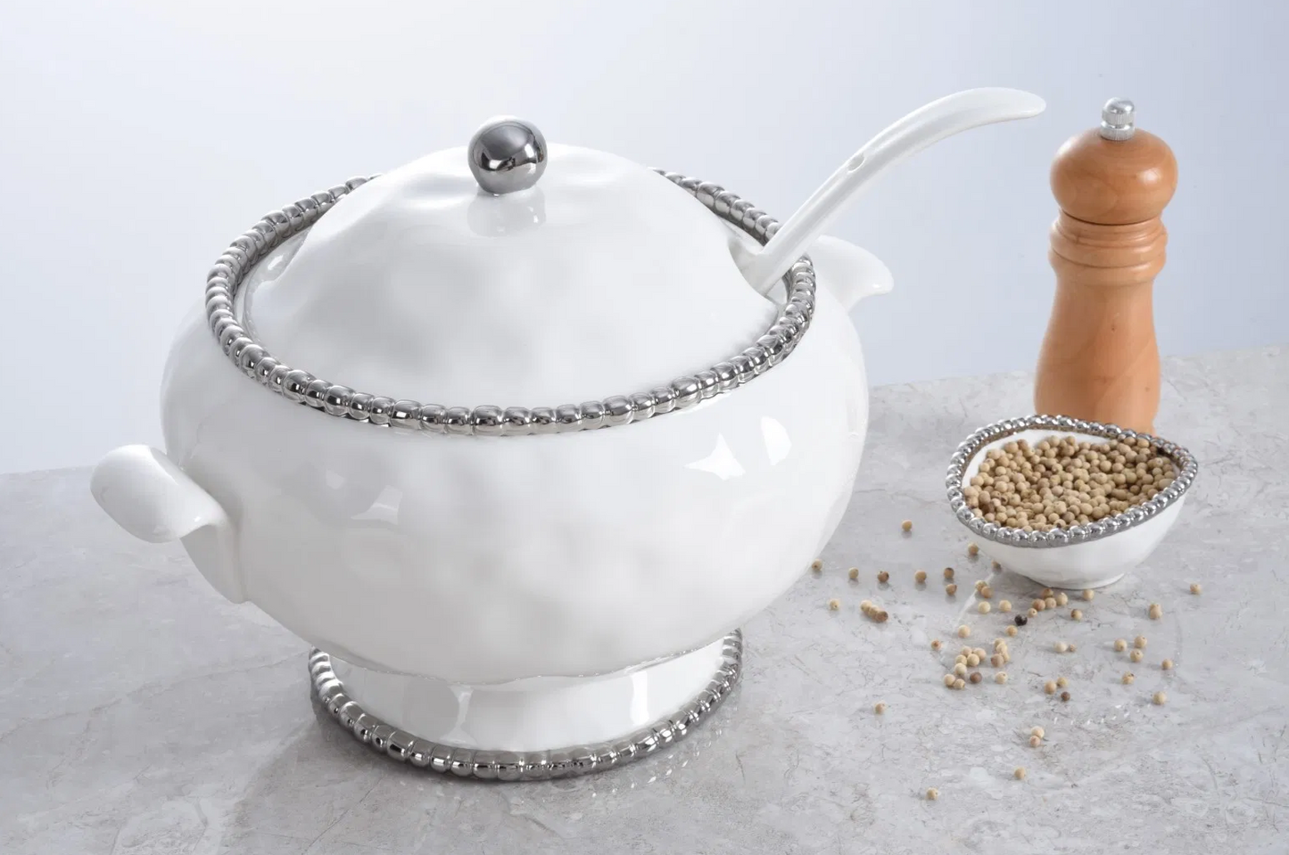 Silver and White Beaded Soup Tureen with Ladle