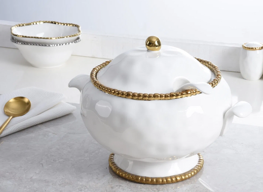 Gold and White Beaded Soup Tureen with Ladle