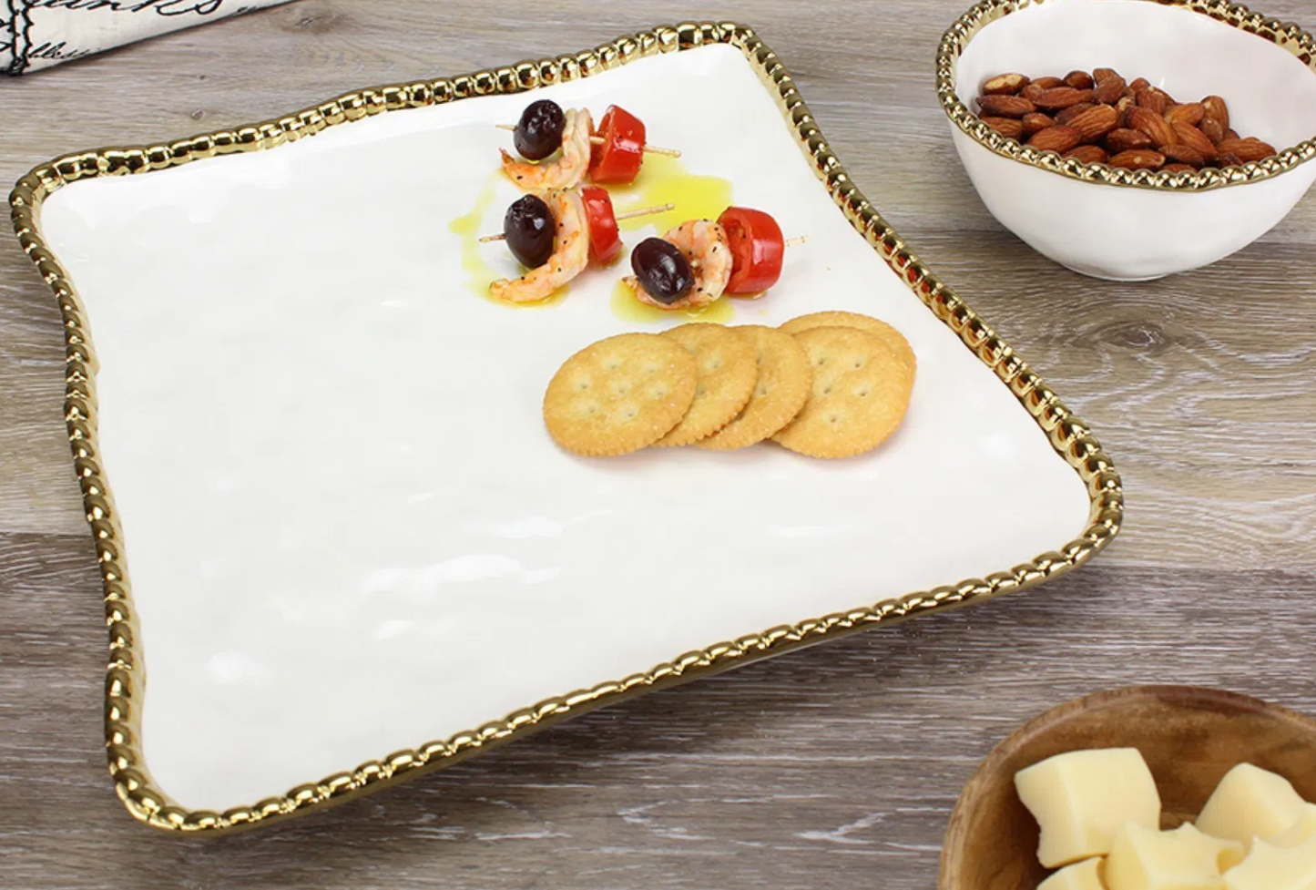 Gold and White Beaded Square Dinner Plate
