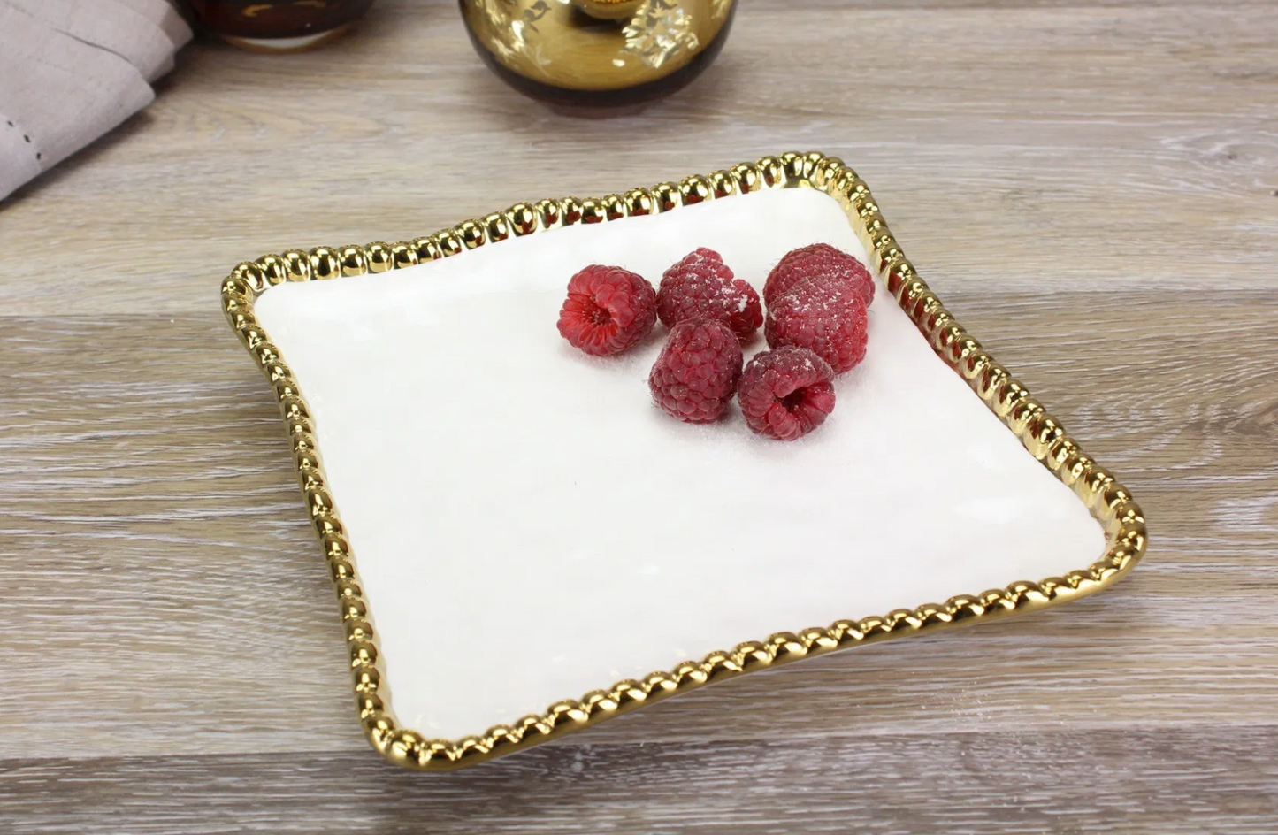 Gold and White Beaded Square Salad/Dessert Plate