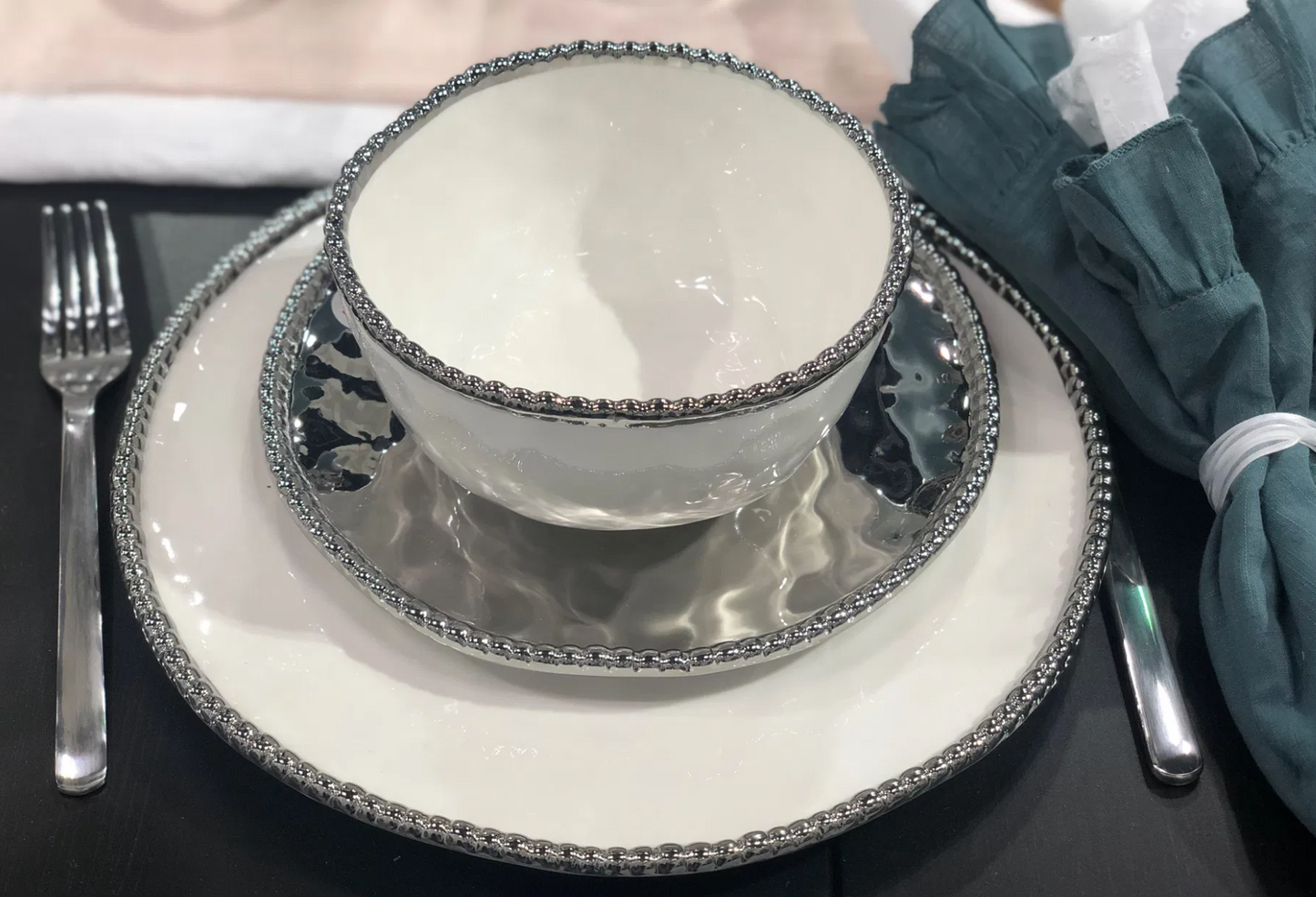 Silver and White Beaded Dinner Plate