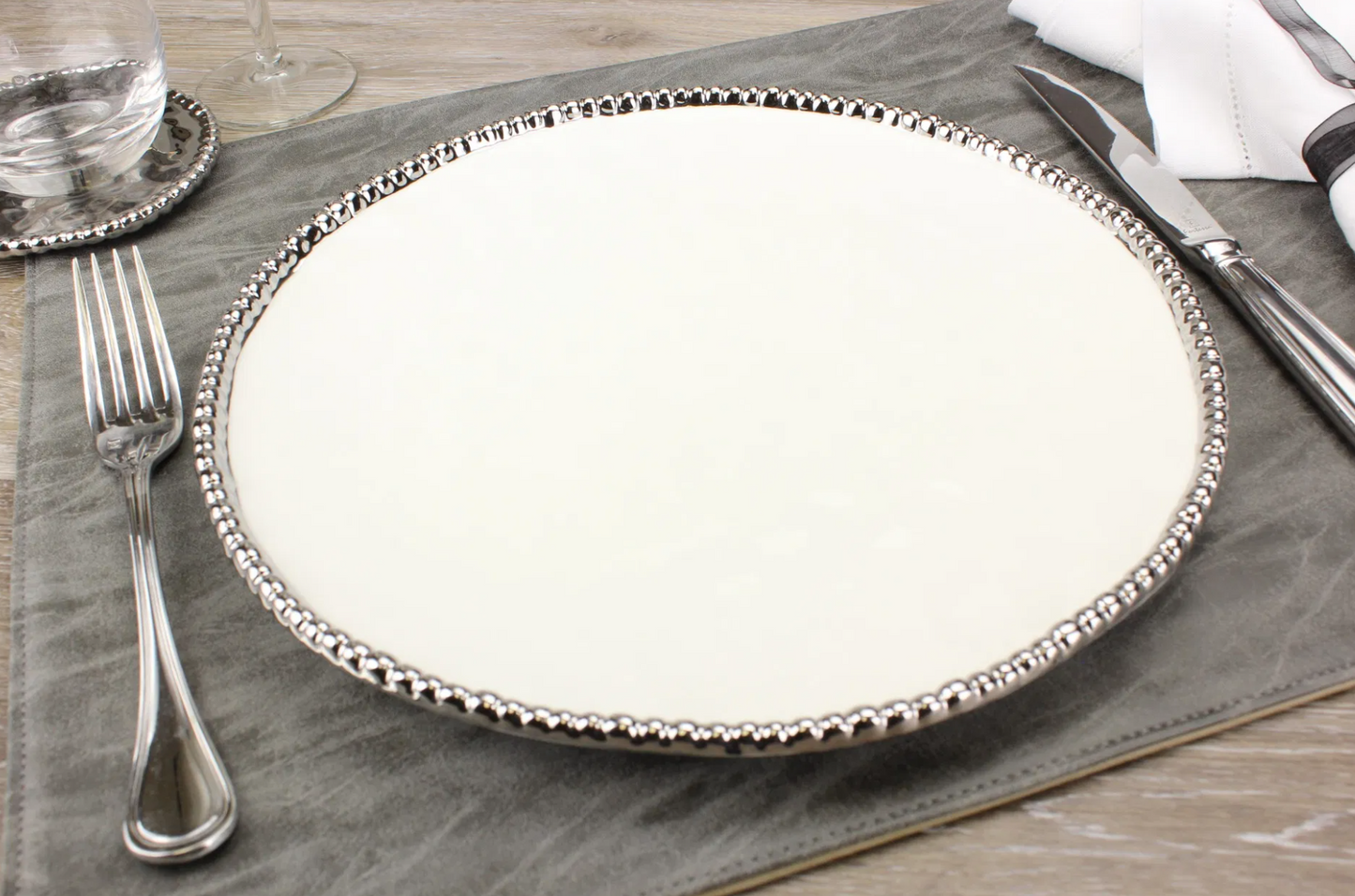 Silver and White Beaded Dinner Plate