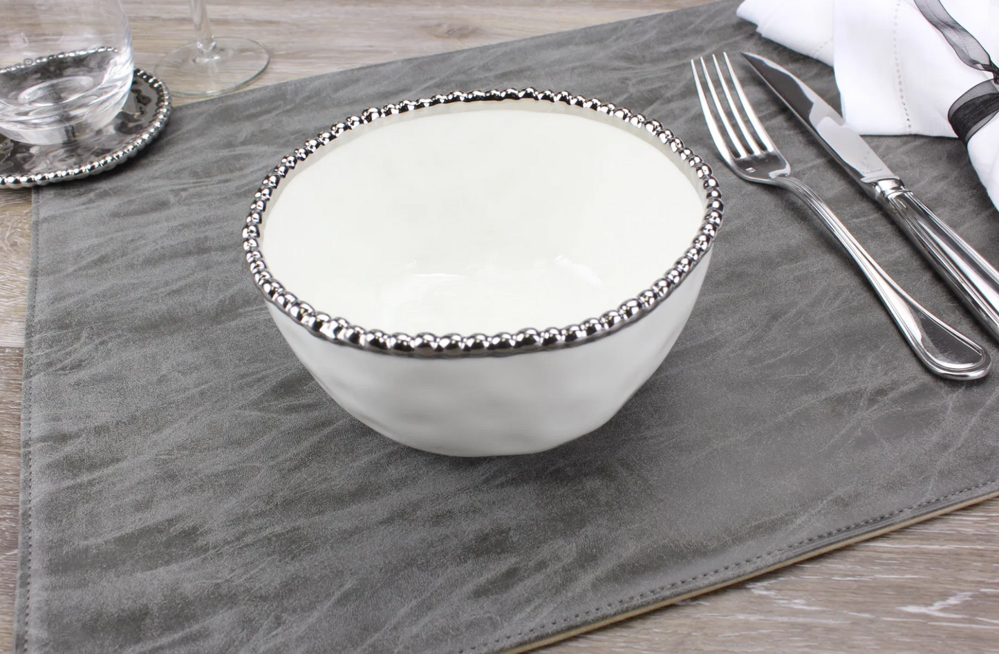 Silver and White Beaded Cereal / Soup Bowl