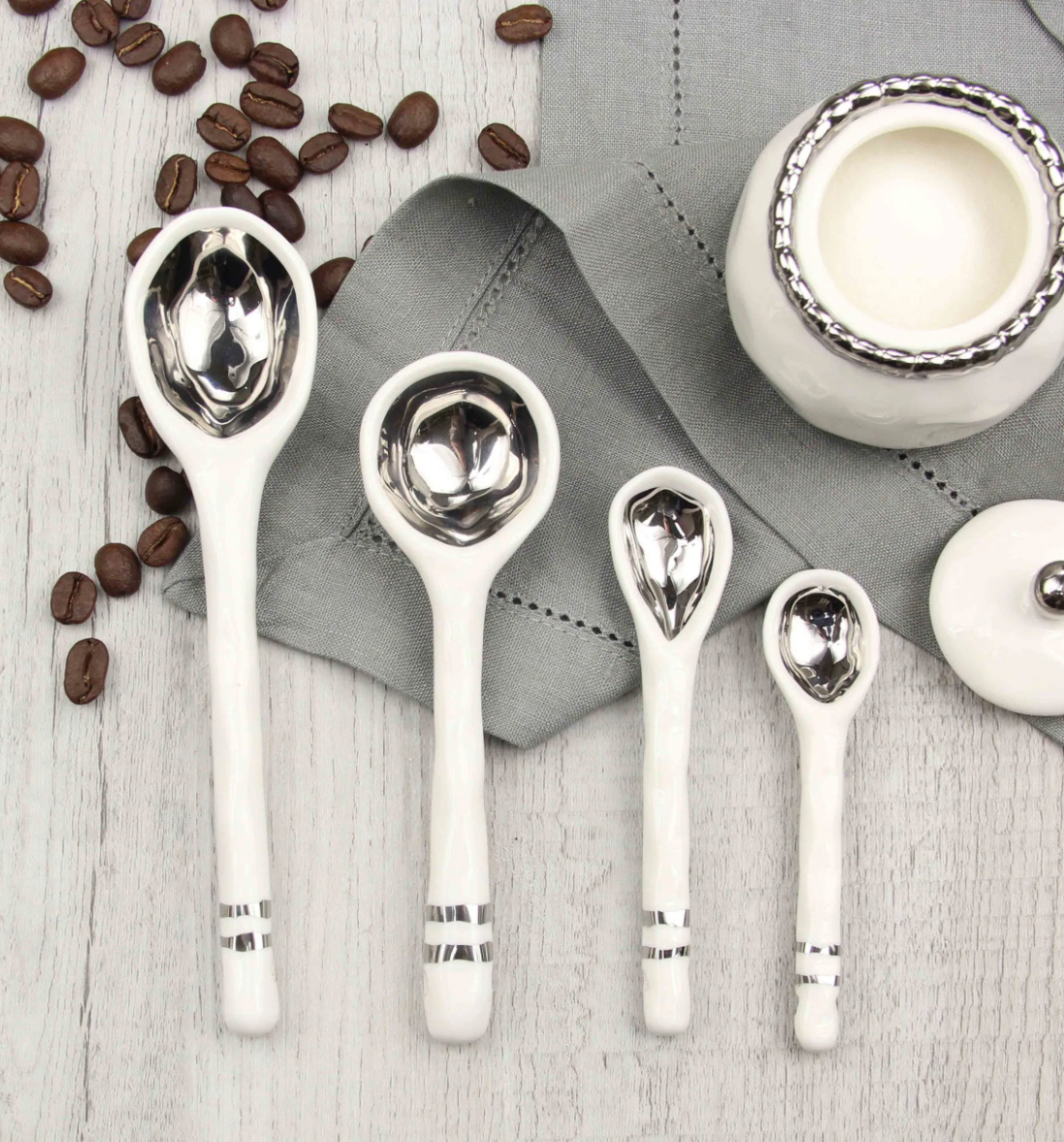 SILVER AND WHITE PORCELAIN SNACK AND SPICE SPOONS (SOLD AS SET OF 4)