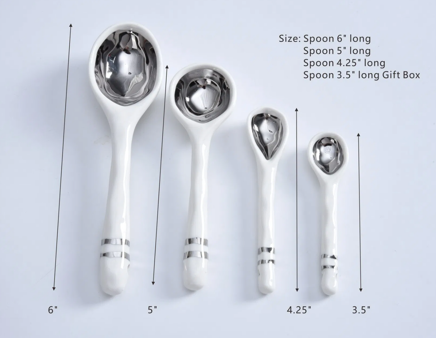 SILVER AND WHITE PORCELAIN SNACK AND SPICE SPOONS (SOLD AS SET OF 4)