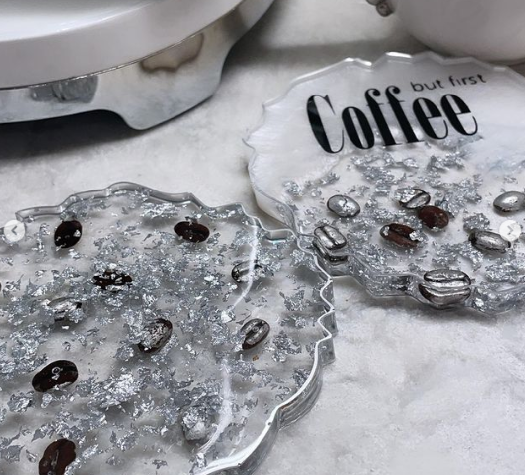 Silver Metallic Coffee Bean Resin Coaster (w/ Wording)