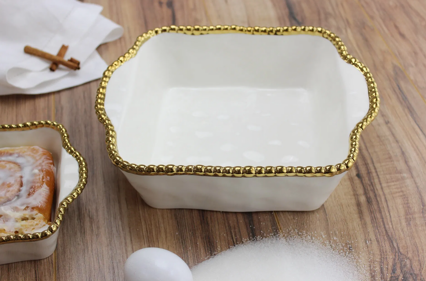 Gold and White Beaded Square Baking/Serving Dish