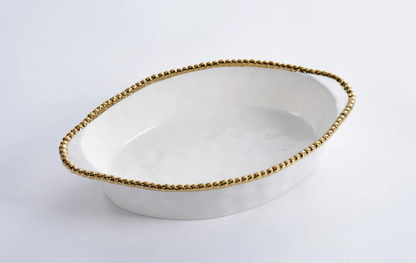 Gold and White Beaded Oval Baking/Serving Dish