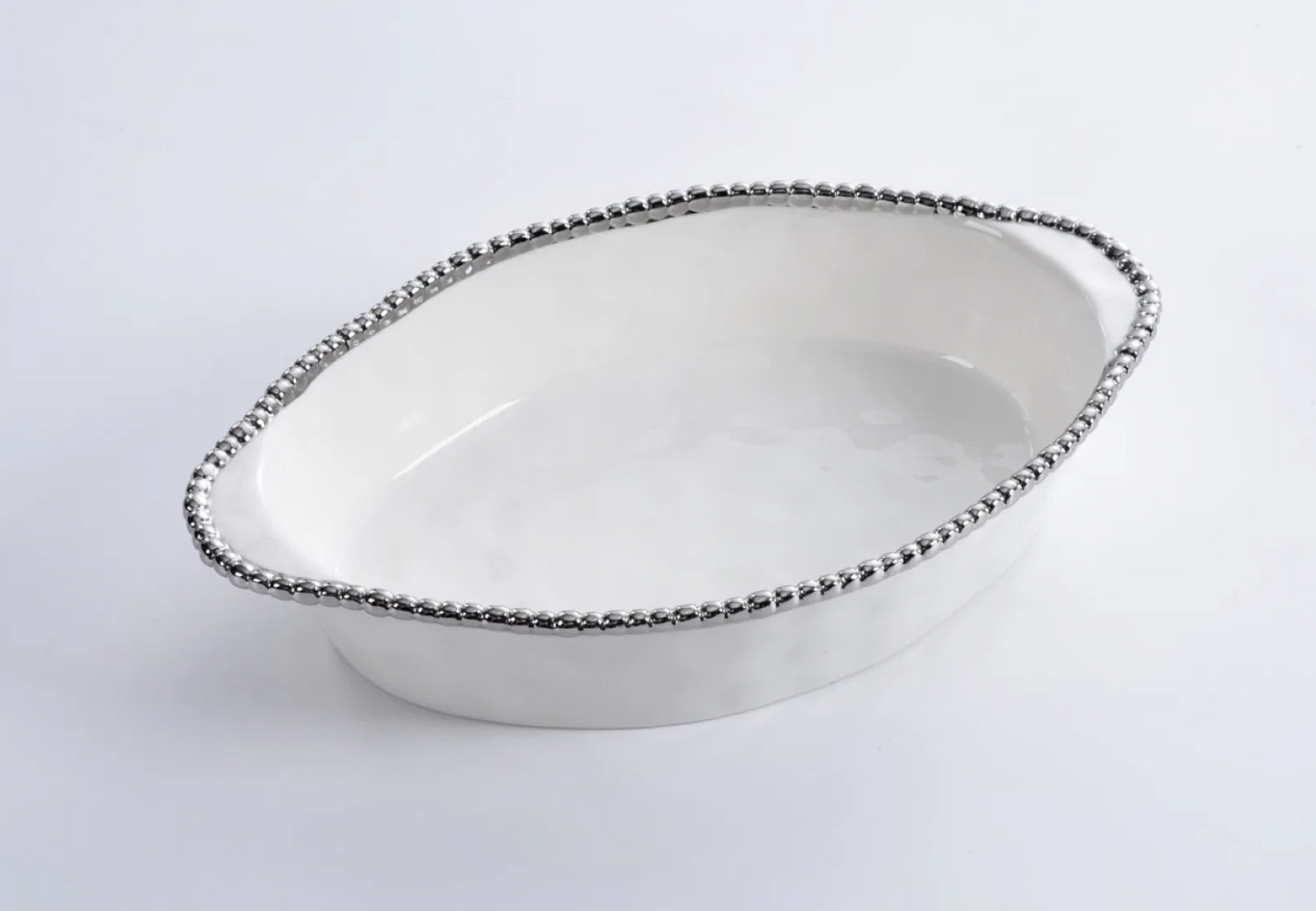 Silver and White Beaded Oval Baking/Serving Dish