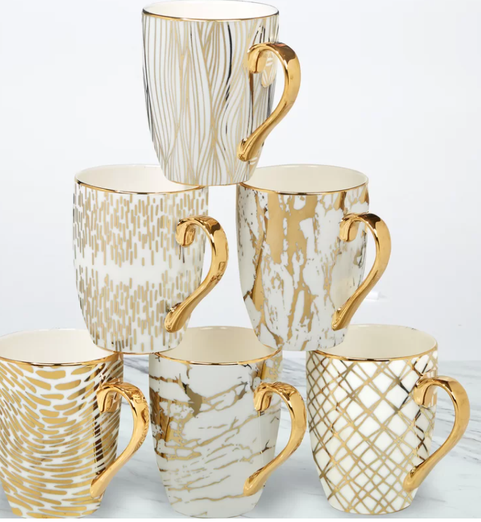 Set of 6: 16 OZ Gold Metallic Pattern Print Mugs