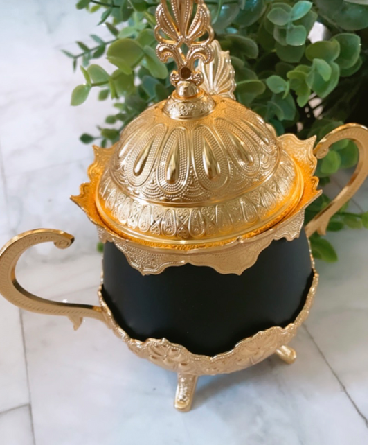 GOLD and Black Sugar/Creamer Bowl with Spoon