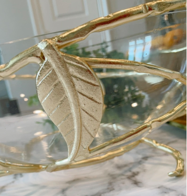 Gold Hammered Glass Salad Bowl with Leaf Details