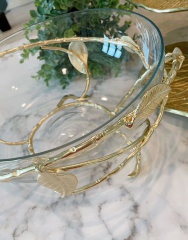 Gold Hammered Glass Salad Bowl with Leaf Details