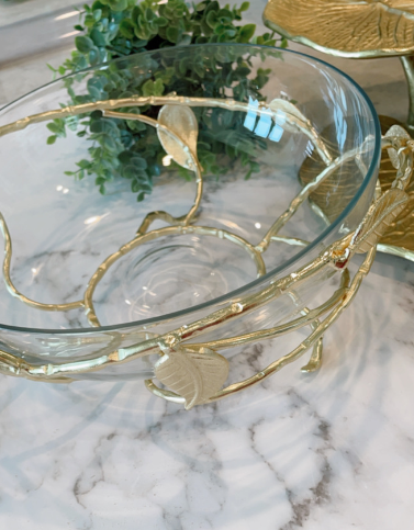 Gold Hammered Glass Salad Bowl with Leaf Details