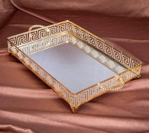 Large Gold Greek Mirrored Tray with Handles