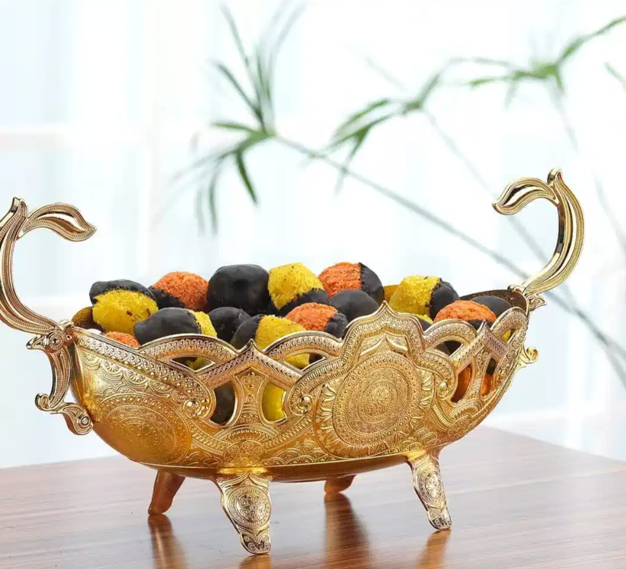 Large Gold Snack Bowl With Footed Pedestal