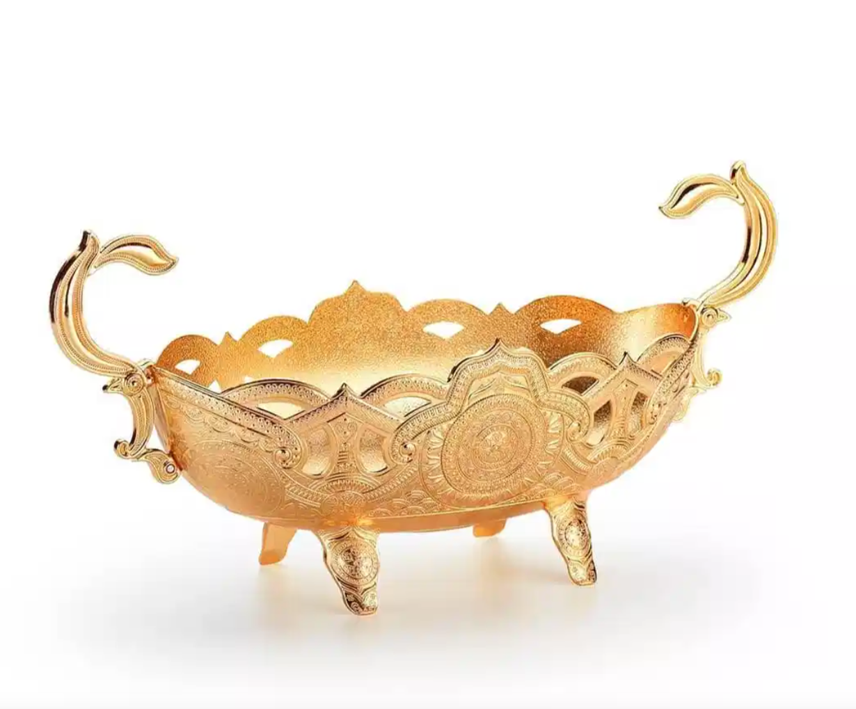 Large Gold Snack Bowl With Footed Pedestal