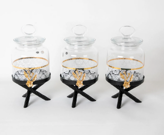 Gold and Black-Lace Color Jar Set With Metal Stand (3 PIECES)