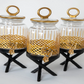 Gold Floral Color Jar Set With Black Metal Stand (3 Piece SET)