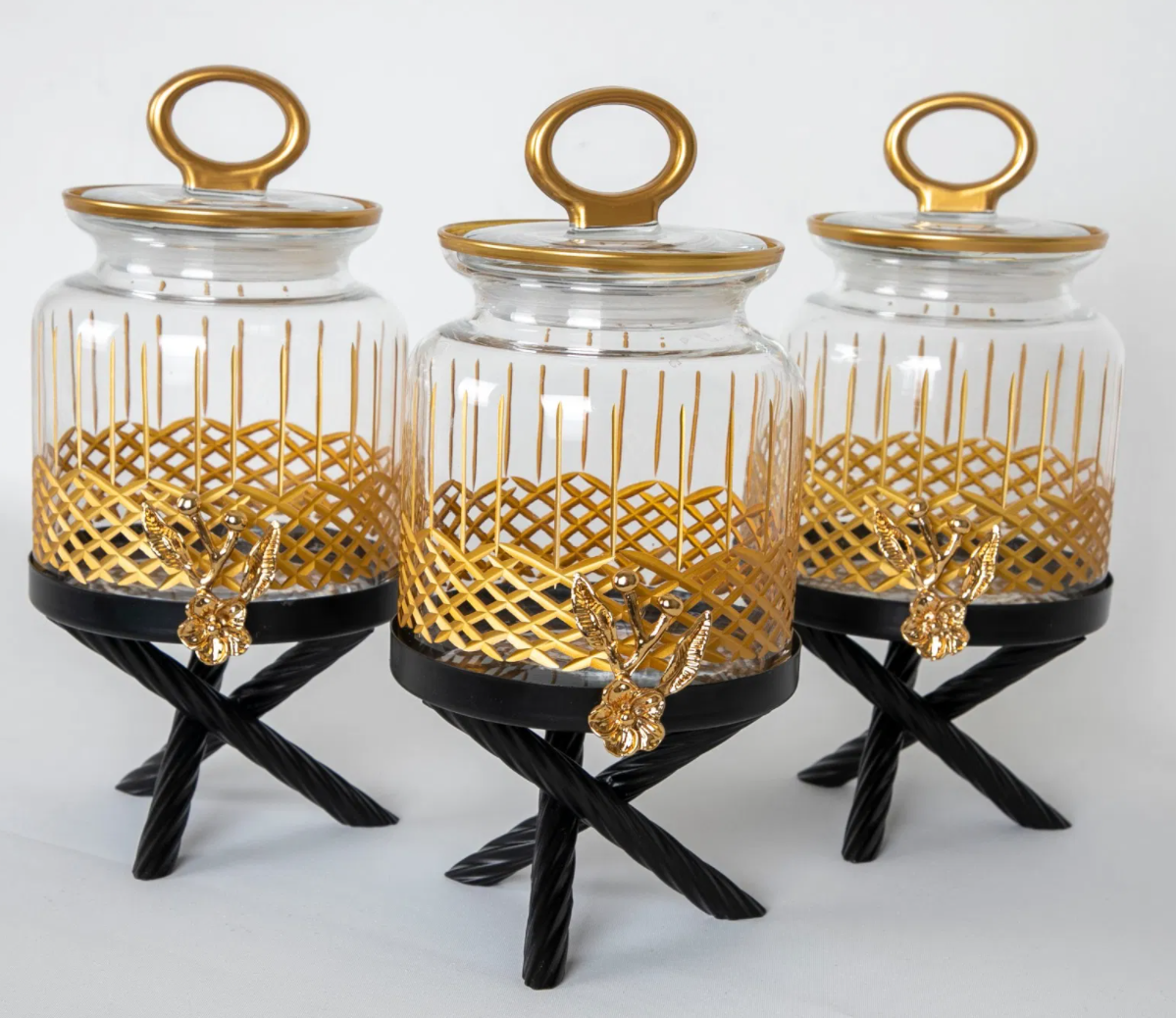 Gold Floral Color Jar Set With Black Metal Stand (3 Piece SET)