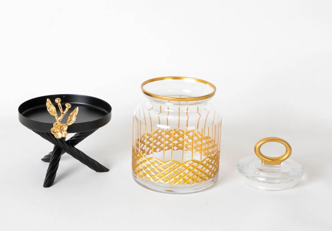 Gold Floral Color Jar Set With Black Metal Stand (3 Piece SET)