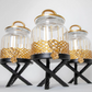 Gold Floral Color Jar Set With Black Metal Stand (3 Piece SET)