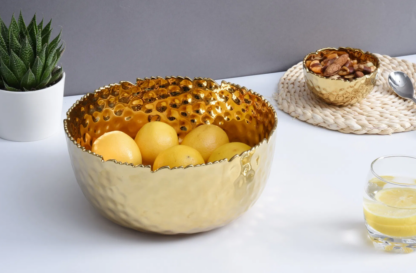 Large Gold Hammered Round Bowl