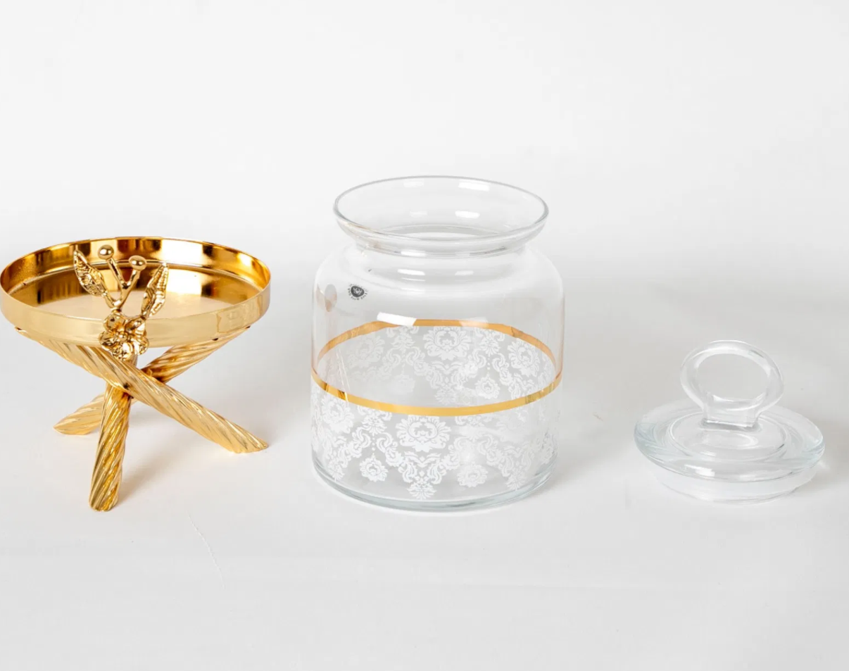 Gold Floral Canister Set With Metal Stand (3 PIECES)