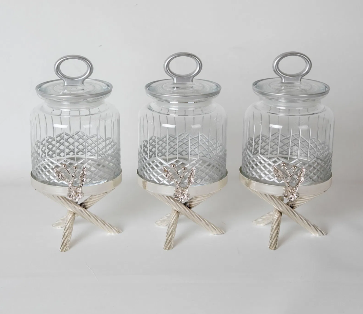 Silver Floral Canister with Metal Stand (3 Pieces Set)