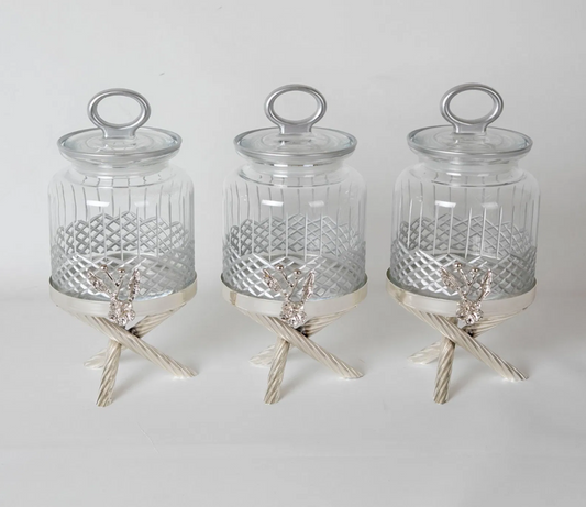 Silver Floral Canister with Metal Stand (3 Pieces Set)