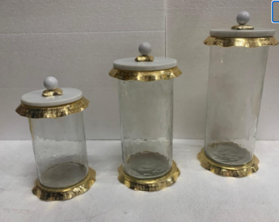 MARBLE & GOLD HAMMERED CANISTERS (3 PIECES SET)