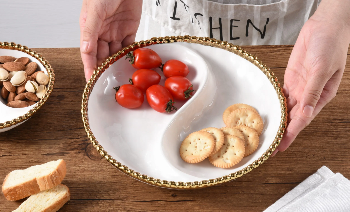 Gold and White Beaded Sectioned Serving Platter