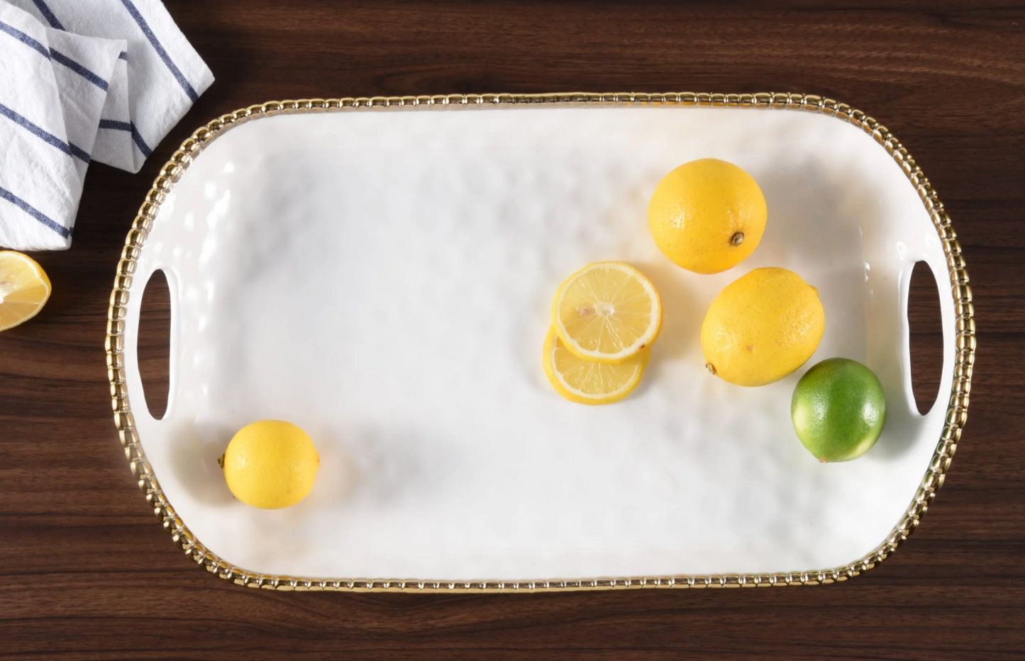 Gold and White Beaded Tray w/ Handle (Extra Large)