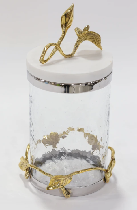 Marble and Gold Metal Leaf Branch Canisters- With metal rim (3 Sizes)