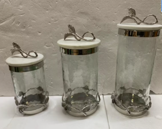Silver Metal Leaf Branch w/ Marble Ball Lid Canisters- With metal rim SET of 3