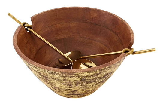 Gold and Wood Serving Bowl Set with Serving Spoons