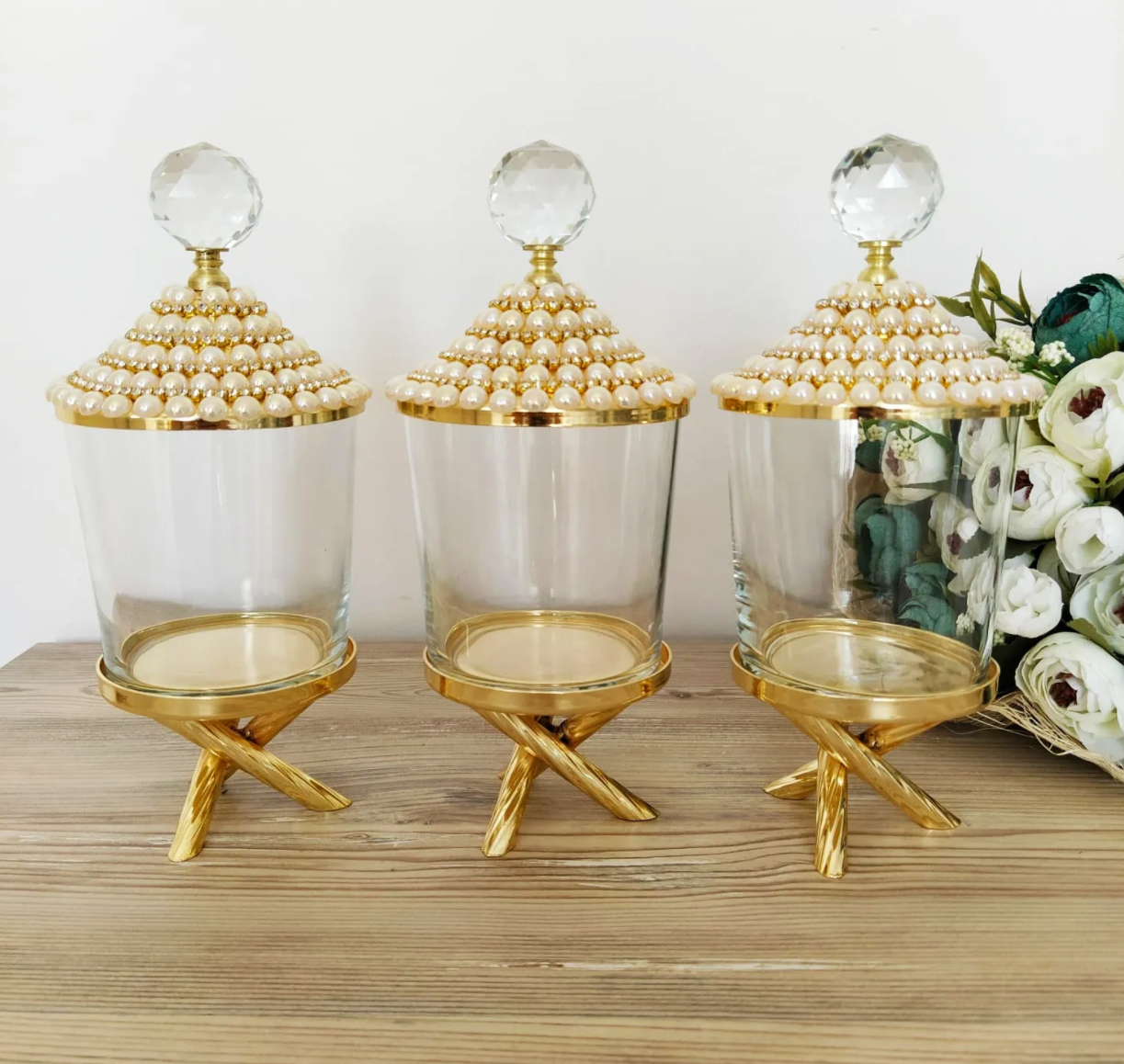 Pearl Gold Canister with Acrylic Ball Lid and Stand