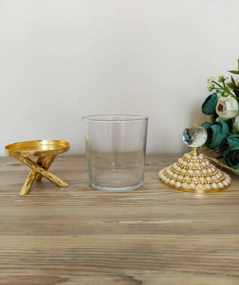 Pearl Gold Canister with Acrylic Ball Lid and Stand ( Set of 3)