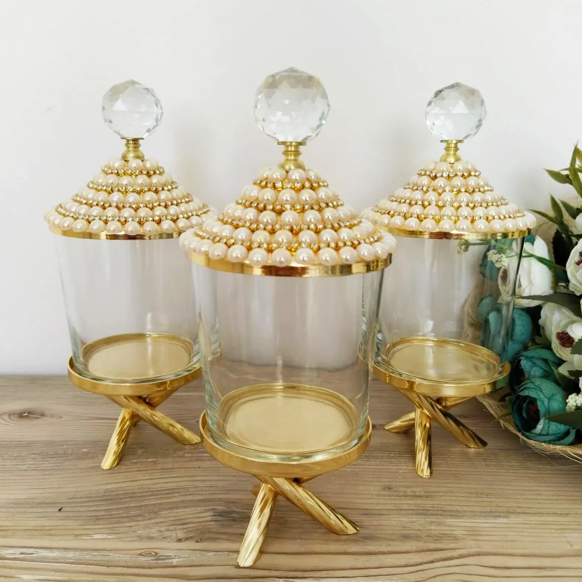 Pearl Gold Canister with Acrylic Ball Lid and Stand