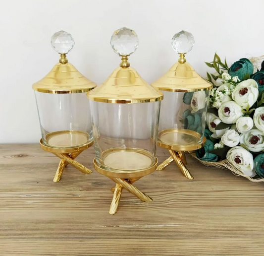 Gold Canister with Acrylic Ball Lid and Stand ( 2 Sizes)