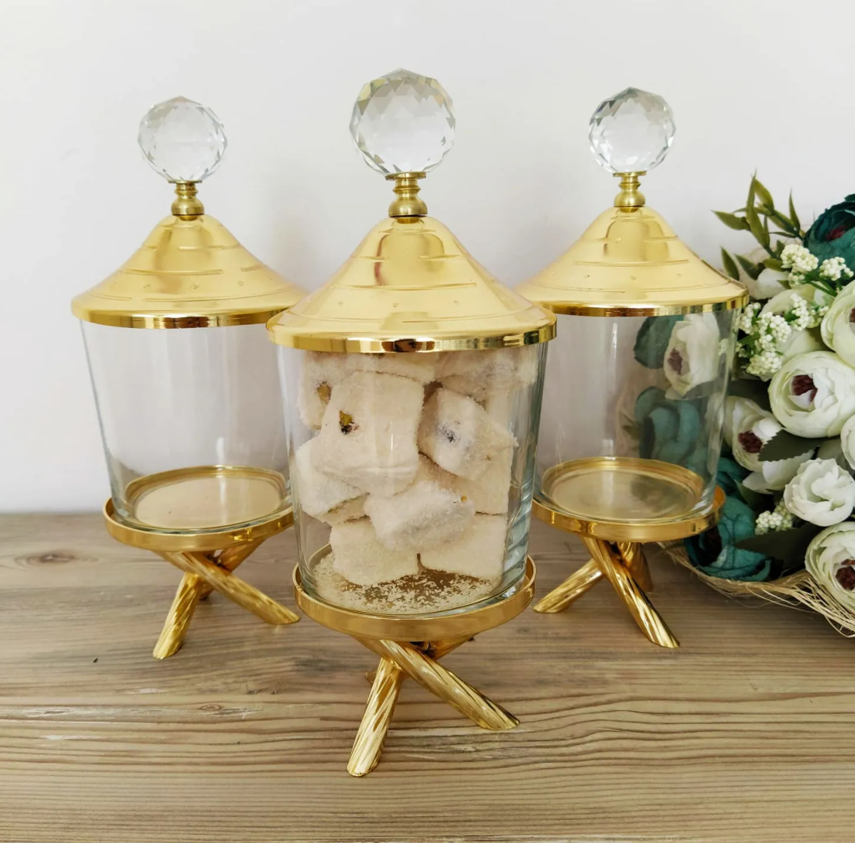 Gold Canister with Acrylic Ball Lid and Stand ( Set of 3)